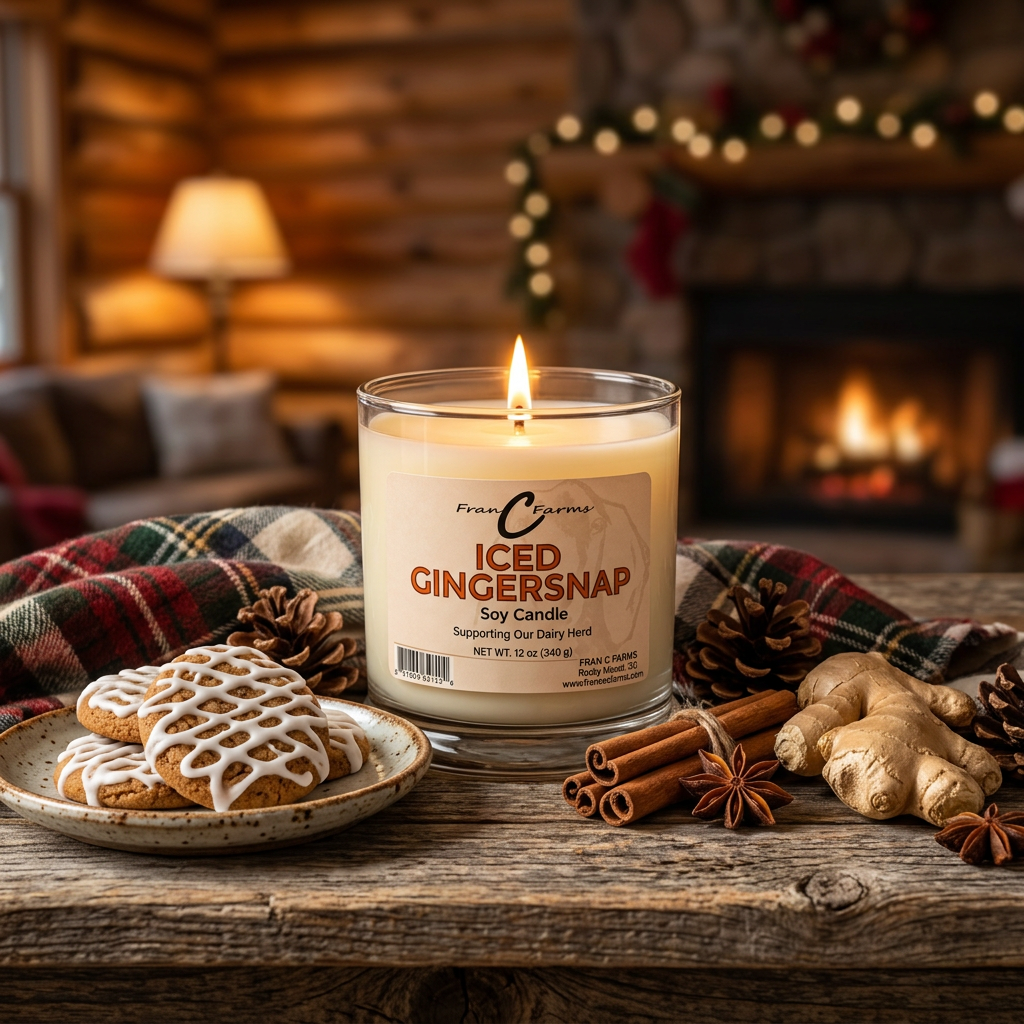 Iced Gingersnap Soy Candle in a 12 oz Status Jar beside cookies and a fireplace