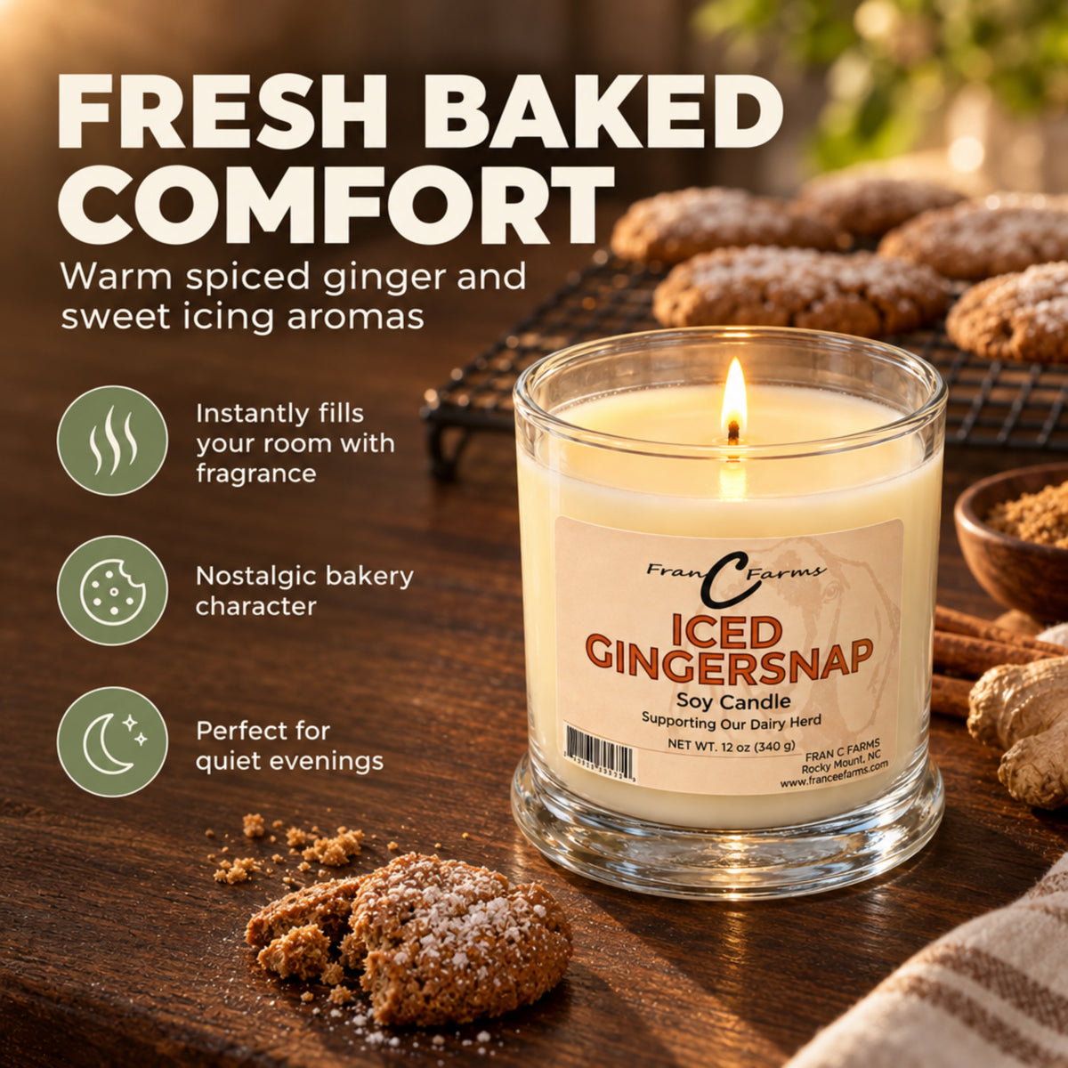Iced Gingersnap Soy Candle with Fresh Baked Comfort message