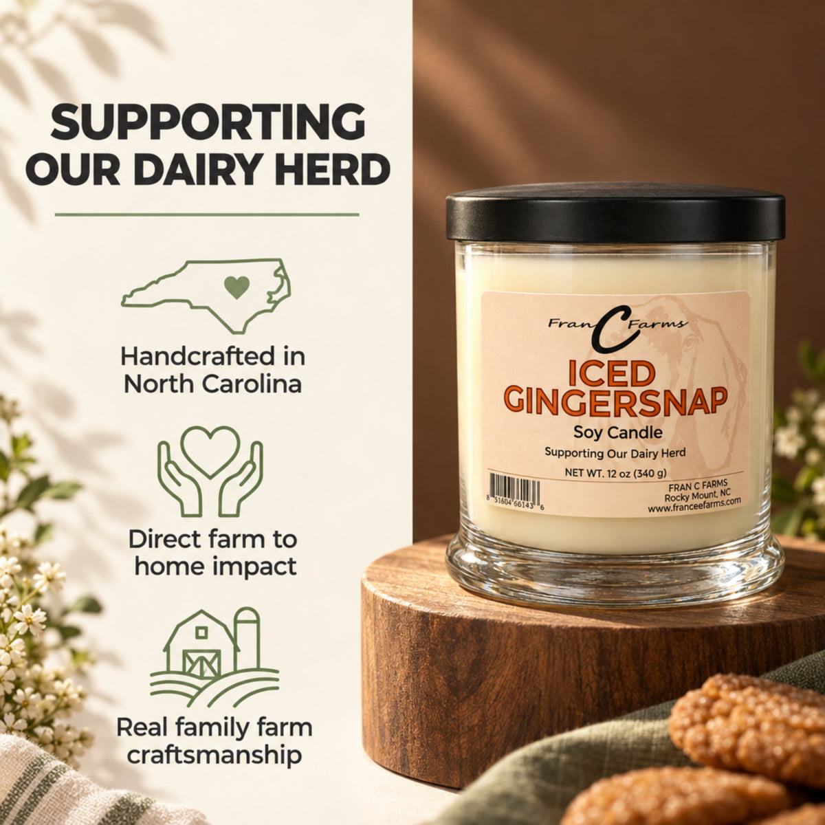 Iced Gingersnap Soy Candle with Supporting Small Dairy Farms message