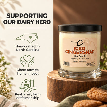 Iced Gingersnap Soy Candle with Supporting Small Dairy Farms message