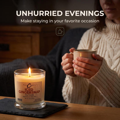 Iced Gingersnap Soy Candle with Unhurried Evenings message