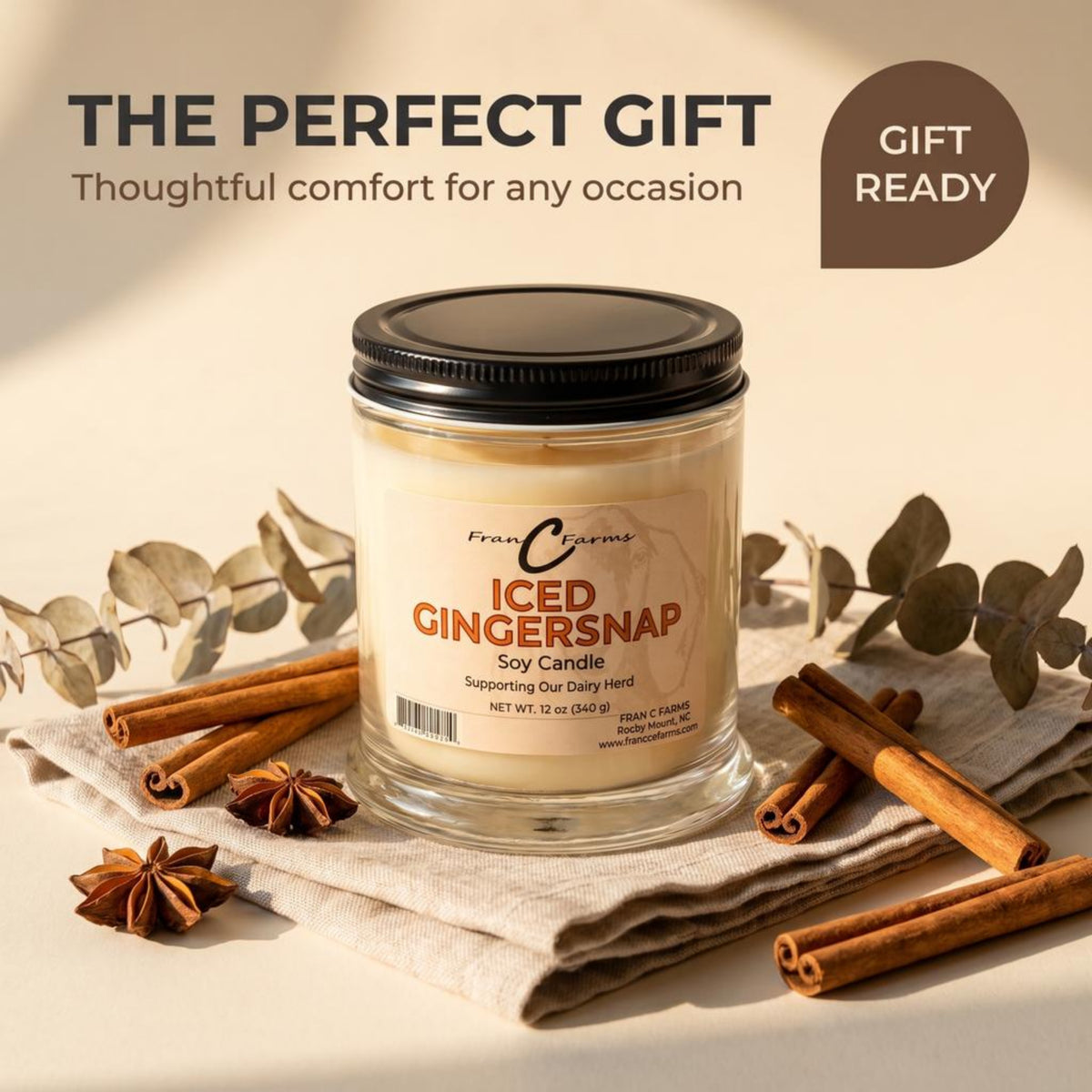Iced Gingersnap Soy Candle with soy wax information