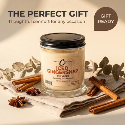 Iced Gingersnap Soy Candle with soy wax information