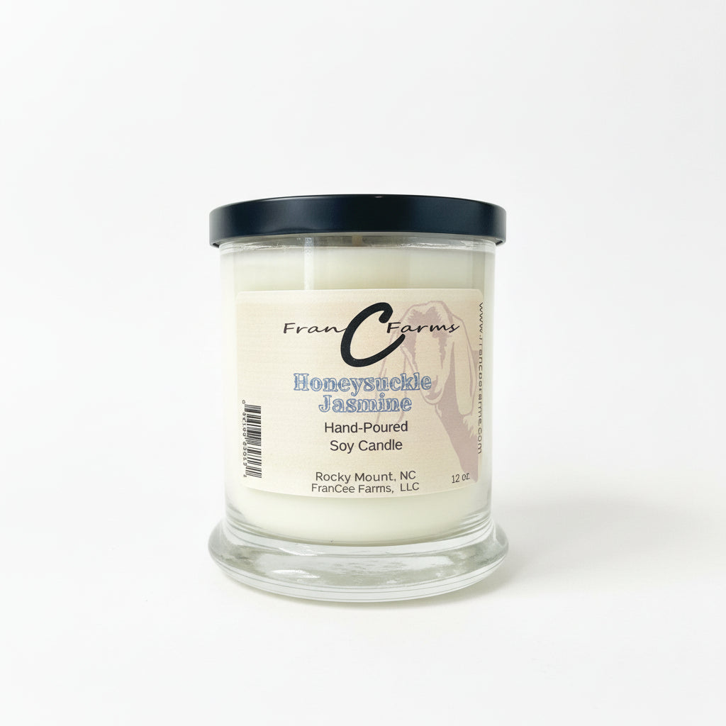Honeysuckle Jasmine Soy Candle - 12 oz. Status Jar from FranCe Farms, hand-poured for a floral aroma.