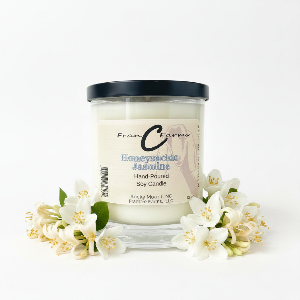 Honeysuckle Jasmine Soy Candle in a jar surrounded by flowers, showcasing a floral fragrance.