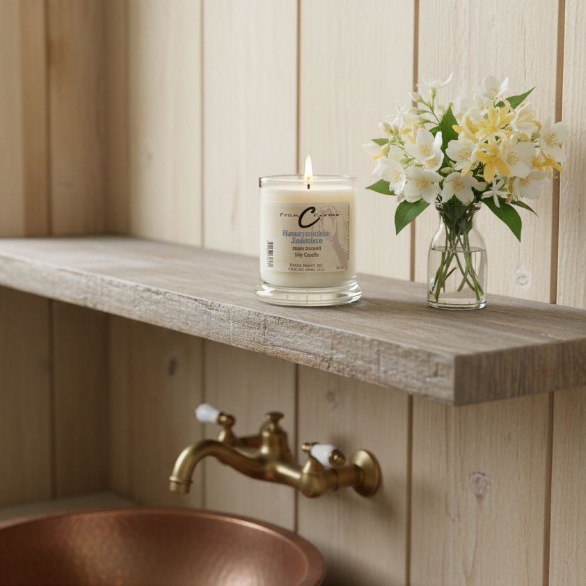Honeysuckle Jasmine Soy Candle - 12 oz. on a wooden shelf next to fresh flowers in a cozy setting.