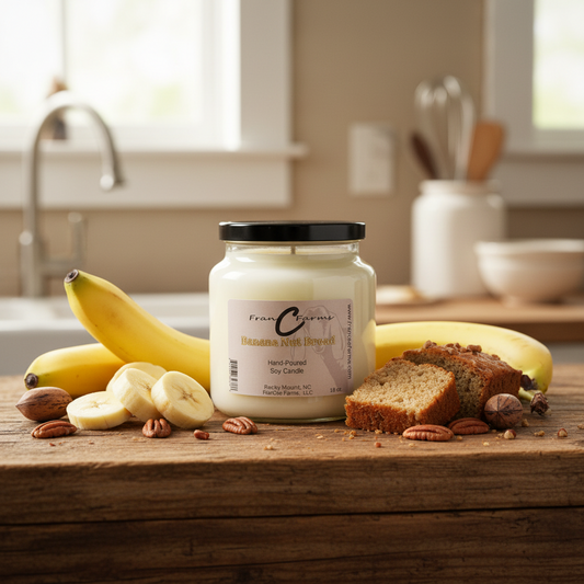 Banana Nut Bread Soy Candle - 18 oz. Apothecary Jar with bananas and bread on a rustic countertop.