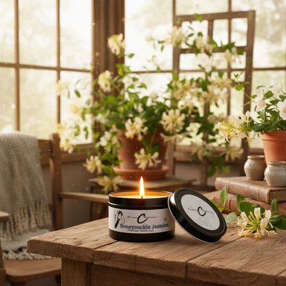 Honeysuckle Jasmine Soy Candle - 8 oz. tin with a soft flame in a cozy, floral-filled setting.