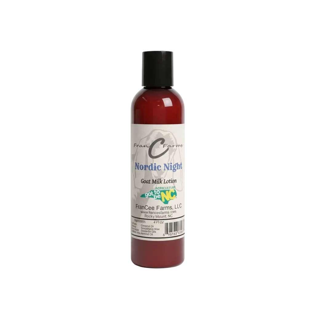 Nordic Night Goat Milk Lotion bottle from FranCee Farms, featuring a rich, moisturizing formula with a winter scent.
