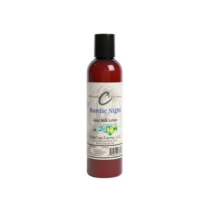 Nordic Night Goat Milk Lotion bottle from FranCee Farms, featuring a rich, moisturizing formula with a winter scent.