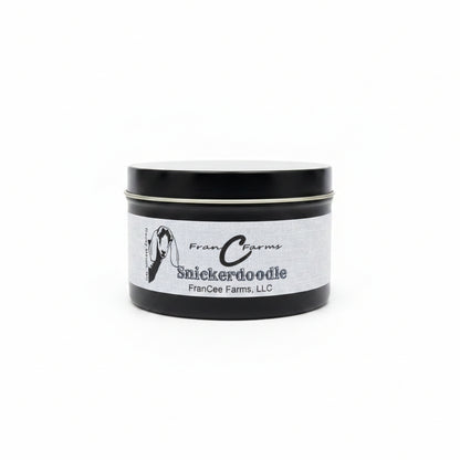 Snickerdoodle soy candle in a black tin container by FranCee Farms, featuring a simple label design.