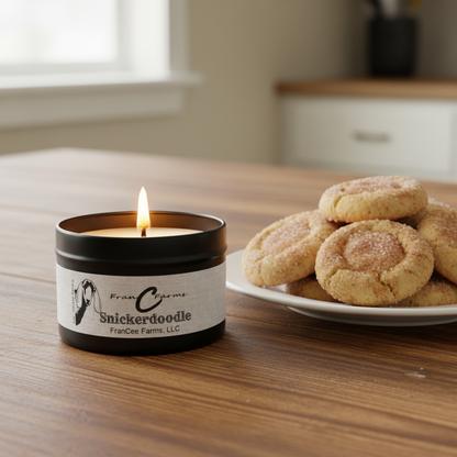Snickerdoodle Soy Candle - 8 oz. tin beside freshly baked snickerdoodle cookies on wooden table.
