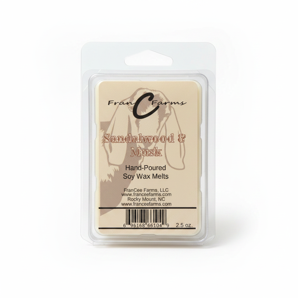Sandalwood & Musk Soy Wax Melts package featuring hand-poured soy wax melts from FranC Farms.