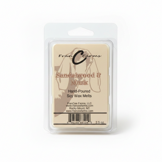 Sandalwood & Musk Soy Wax Melts package featuring hand-poured soy wax melts from FranC Farms.