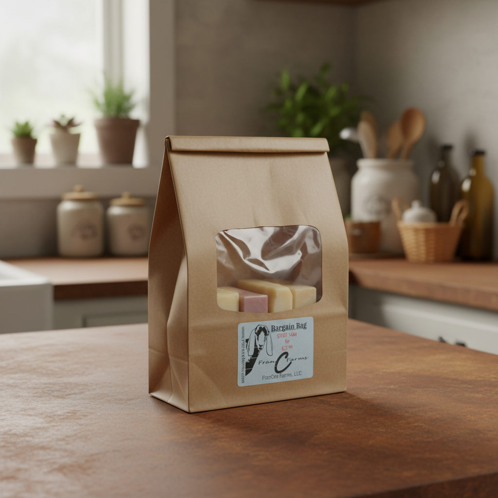 Bargain Bag - 25 oz. Variety Bag featuring assorted soaps in a clear-window kraft package on a kitchen countertop.