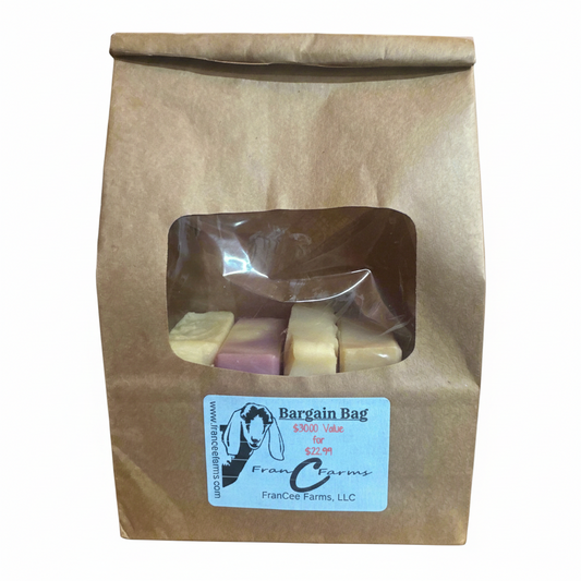 Bargain Bag containing assorted soaps in a clear package for a great value at FranCee Farms.