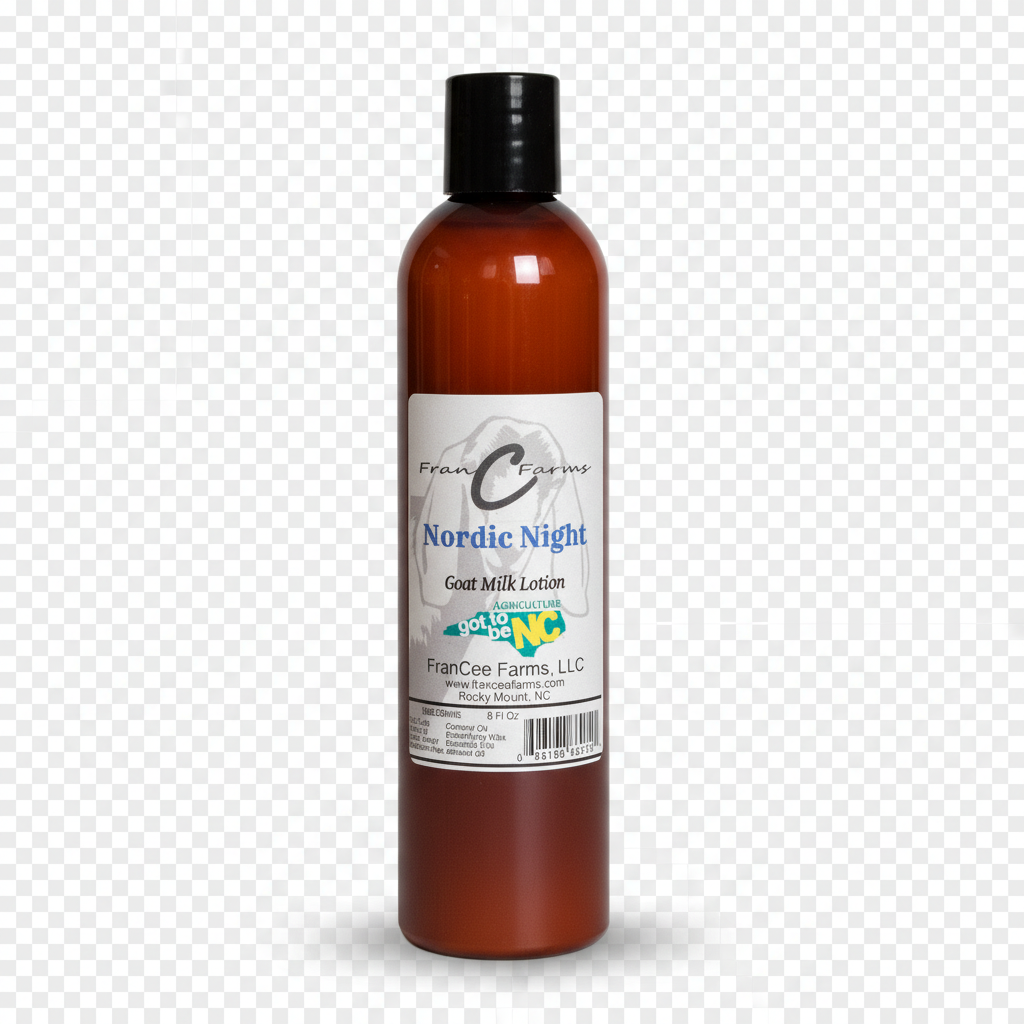 Nordic Night Goat Milk Lotion bottle with label showcasing its rich goat milk formula and fresh scent.