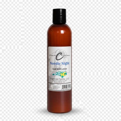 Nordic Night Goat Milk Lotion bottle with label showcasing its rich goat milk formula and fresh scent.