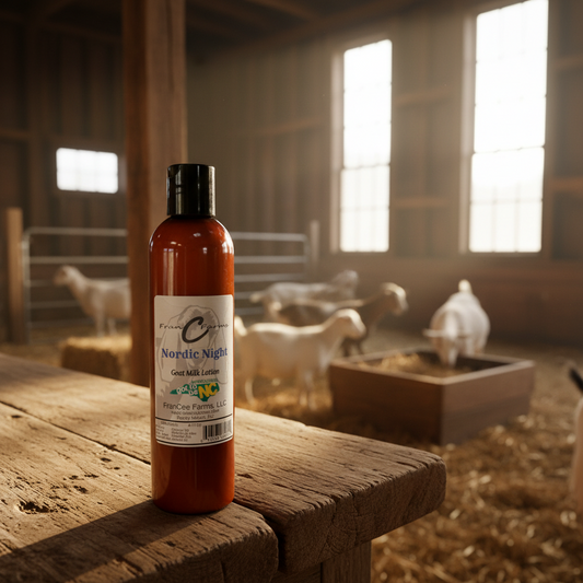Nordic Night Goat Milk Lotion bottle on a wooden table in a barn with goats in the background.