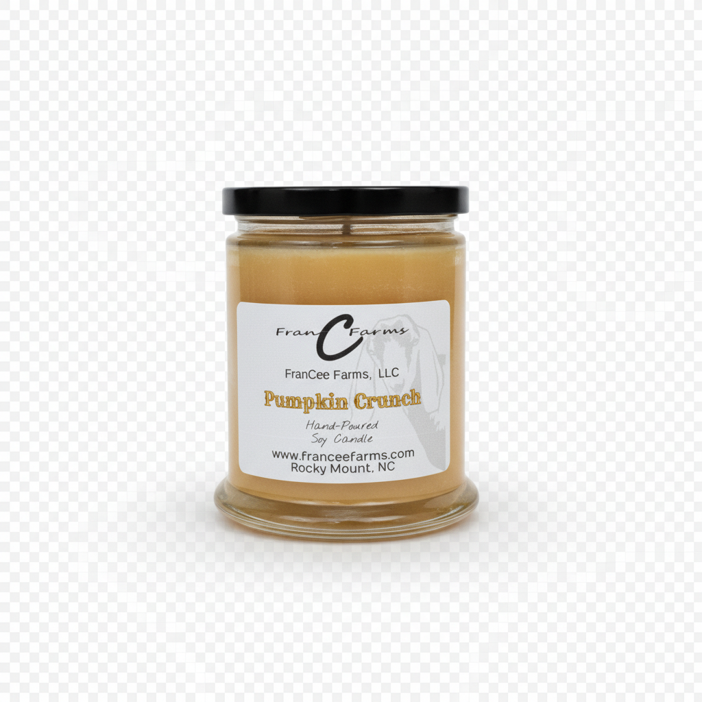 Pumpkin Crunch Soy Candle - 12 oz. jar featuring a blend of autumn scents with pecan aroma.