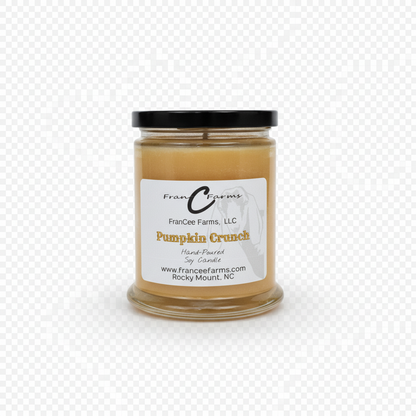 Pumpkin Crunch Soy Candle - 12 oz. jar featuring a blend of autumn scents with pecan aroma.