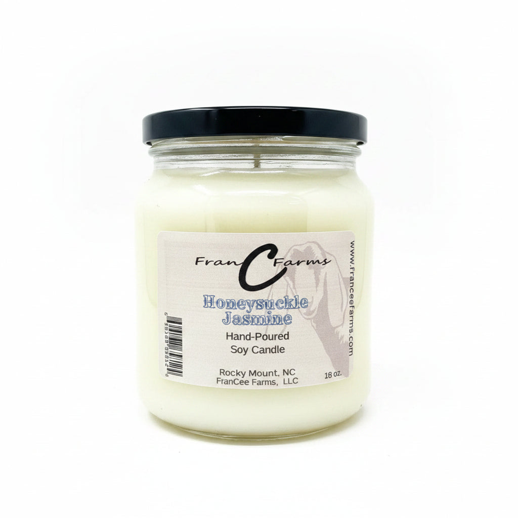 Honeysuckle Jasmine Soy Candle in 18 oz. apothecary jar, featuring floral and honey-sweet fragrance.