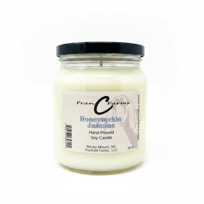 Honeysuckle Jasmine Soy Candle in 18 oz. apothecary jar, featuring floral and honey-sweet fragrance.