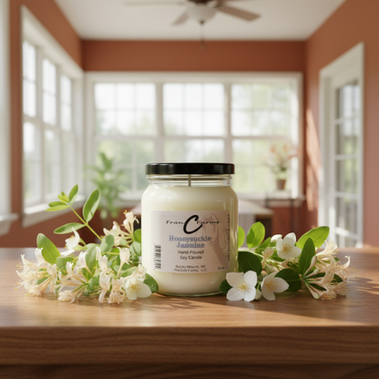 Honeysuckle Jasmine Soy Candle in an apothecary jar surrounded by fresh flowers, perfect for summer ambiance.