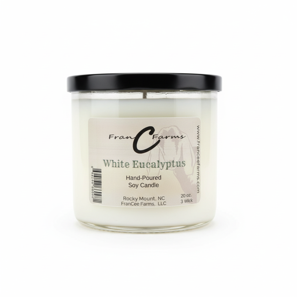 White Eucalyptus Soy Candle in 20 oz. jar, hand-poured with 3 wicks for a soothing, refreshing ambiance.