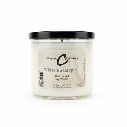 White Eucalyptus Soy Candle in 20 oz. jar, hand-poured with 3 wicks for a soothing, refreshing ambiance.