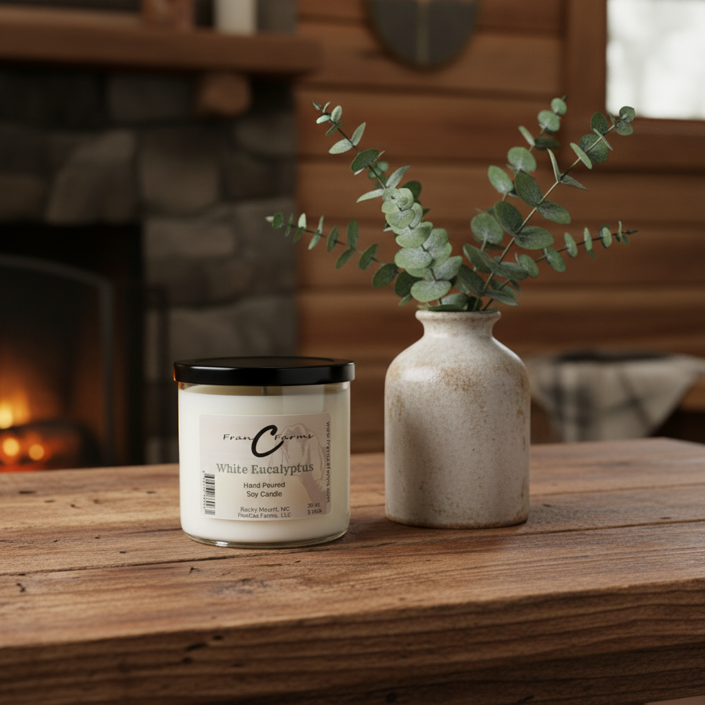 White Eucalyptus Soy Candle sitting on a rustic wooden table, surrounded by greenery and a cozy fireplace in the background.