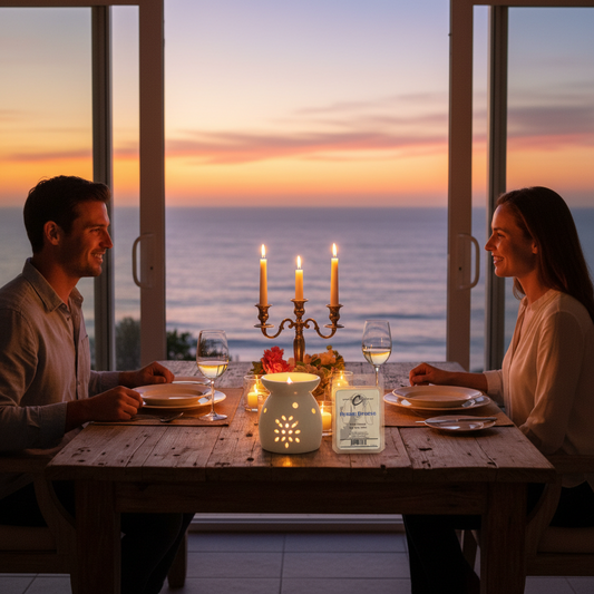 Couple enjoying a romantic dinner by the sea with Ocean Breeze Soy Wax Melts lit, creating a cozy atmosphere.