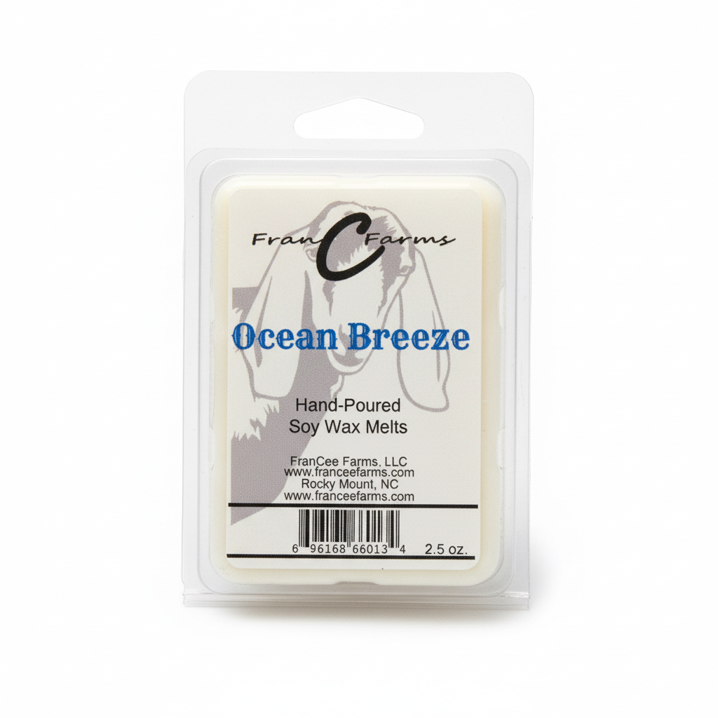 Ocean Breeze Soy Wax Melts package, hand-poured and toxin-free, featuring fresh aquatic fragrance.