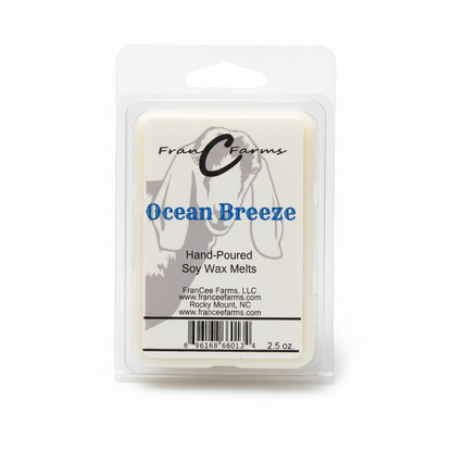 Ocean Breeze Soy Wax Melts package, hand-poured and toxin-free, featuring fresh aquatic fragrance.