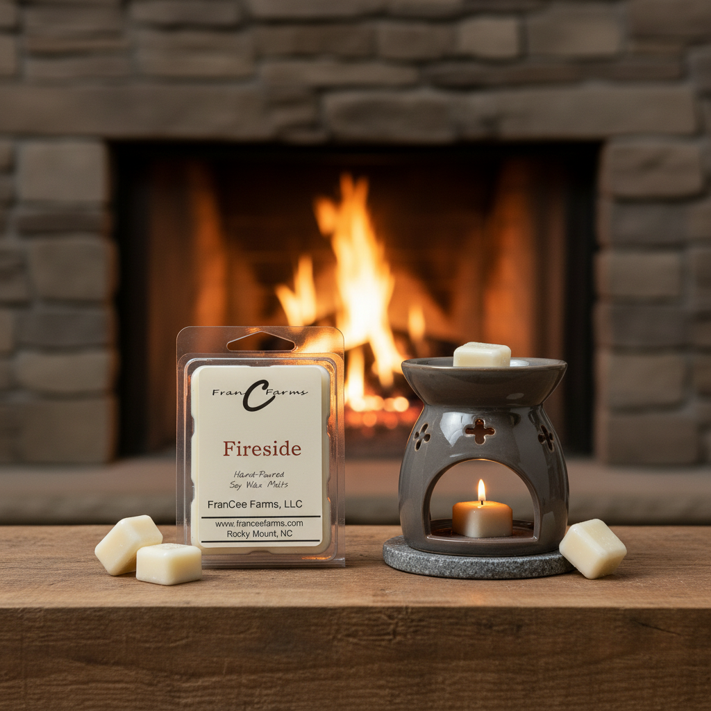 Fireside Soy Wax Melt and warmer next to a glowing fireplace, providing a cozy campfire aroma.