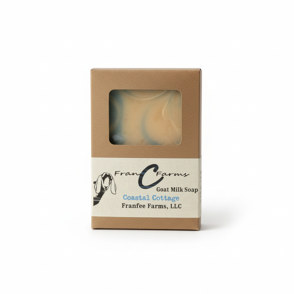 Coastal Cottage Goat Milk Soap packaging by Franfee Farms, LLC showcasing elegant design and refreshing ingredients.
