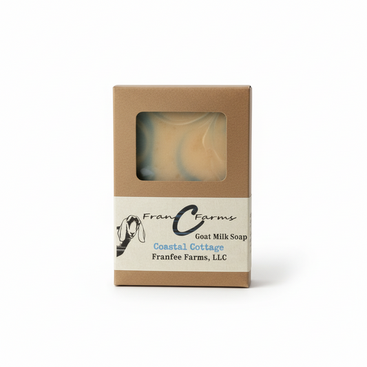 Coastal Cottage Goat Milk Soap packaging by Franfee Farms, LLC showcasing elegant design and refreshing ingredients.