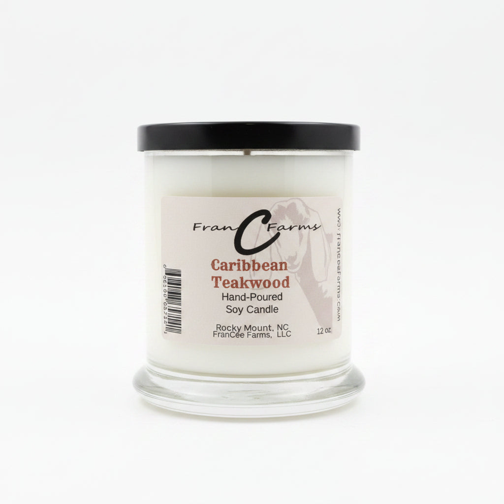 Caribbean Teakwood soy candle in a glass jar, hand-poured 12 oz. candle with complex fragrance notes.
