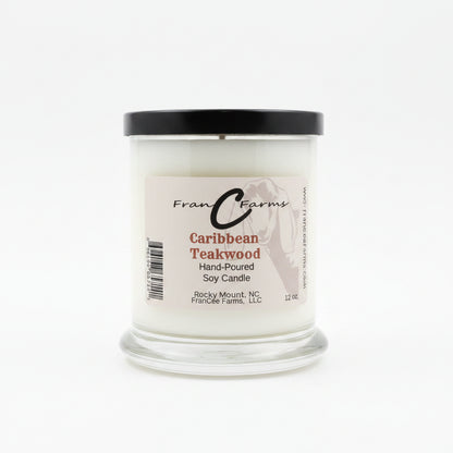 Caribbean Teakwood soy candle in a glass jar, hand-poured 12 oz. candle with complex fragrance notes.