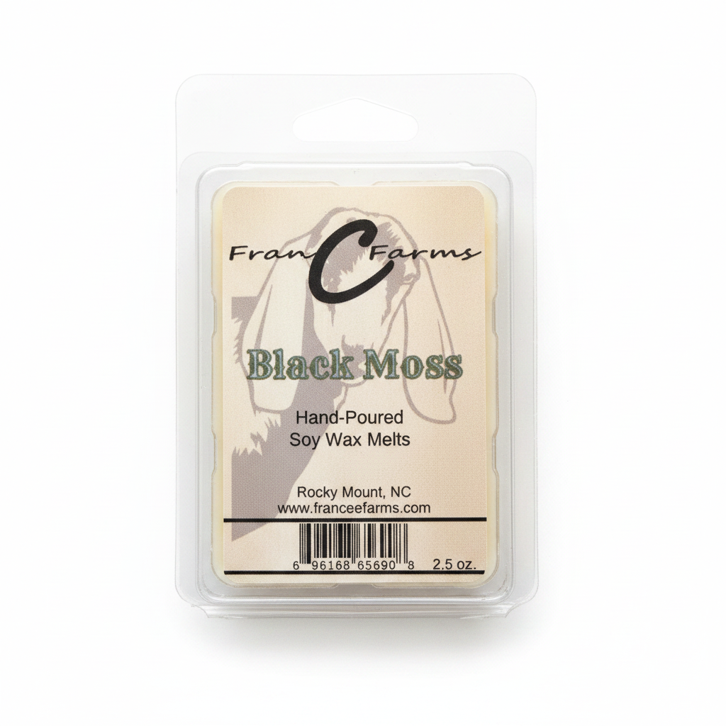 Black Moss Soy Wax Melts packaging, hand-poured, 2.5 oz, aromatic home fragrance