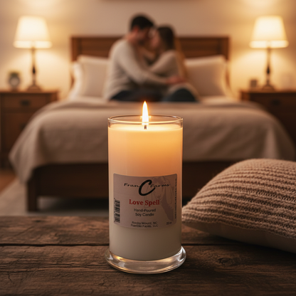 Love Spell Soy Candle lit on a nightstand with a couple in the background, creating a romantic ambiance.