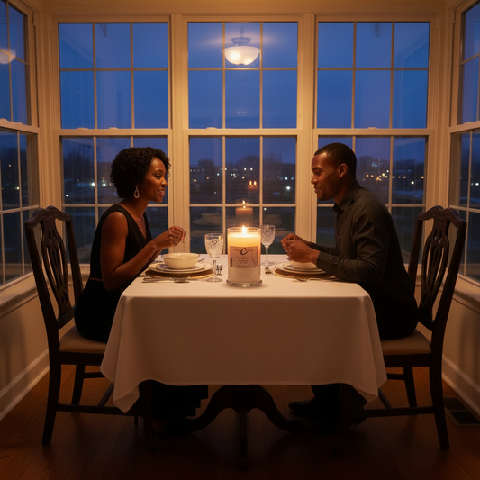 Couple enjoying dinner by candlelight with a Love Spell Soy Candle illuminating the table.