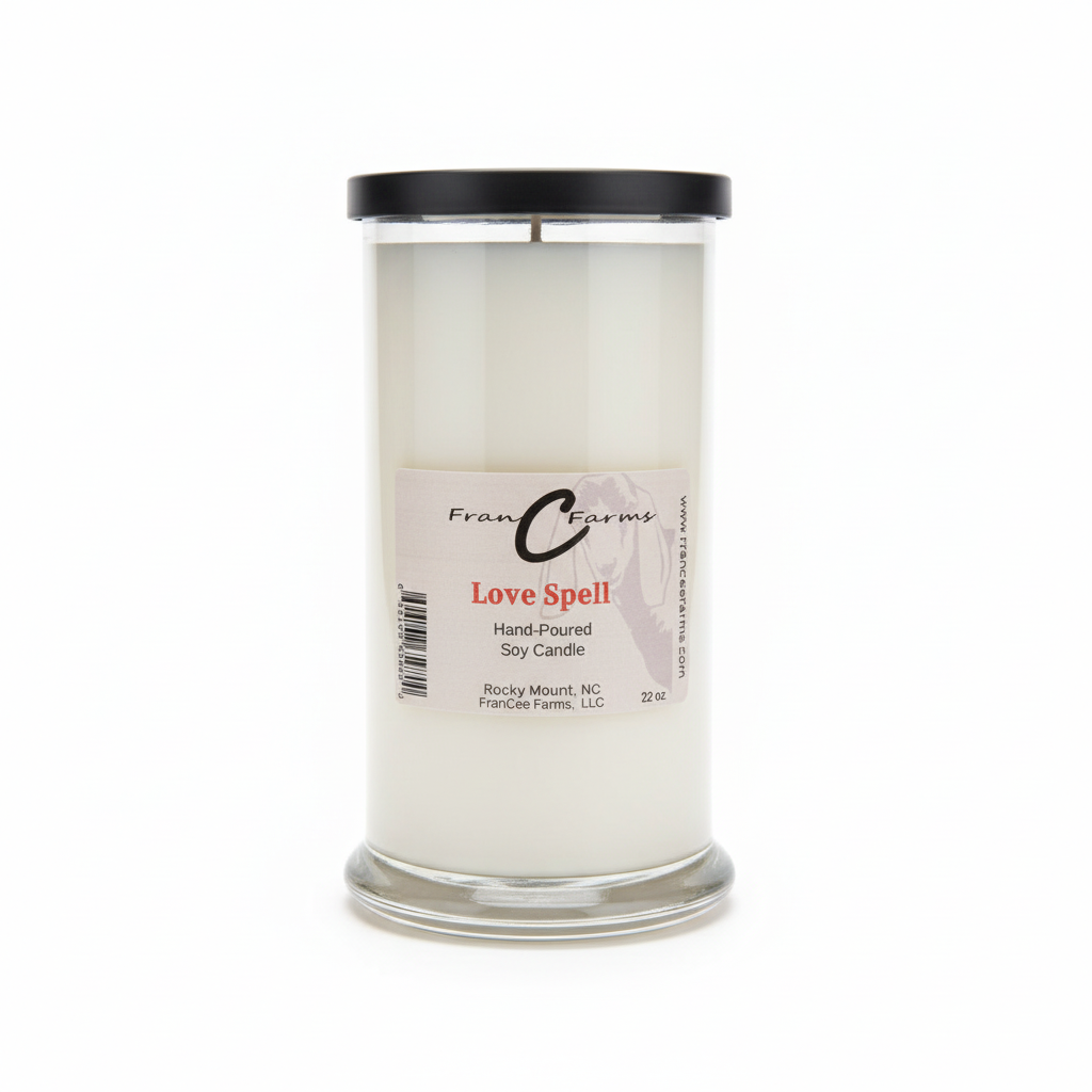 Love Spell Soy Candle - 22 oz. hand-poured jar with fruity floral scent.