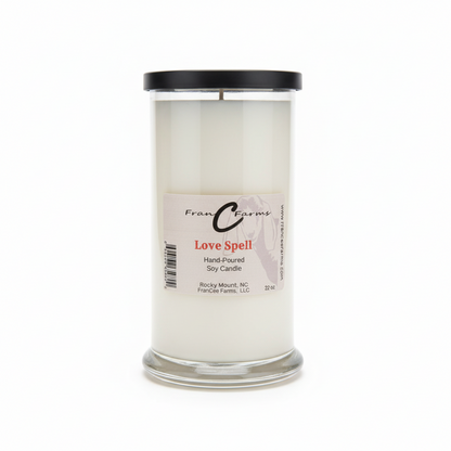 Love Spell Soy Candle - 22 oz. hand-poured jar with fruity floral scent.