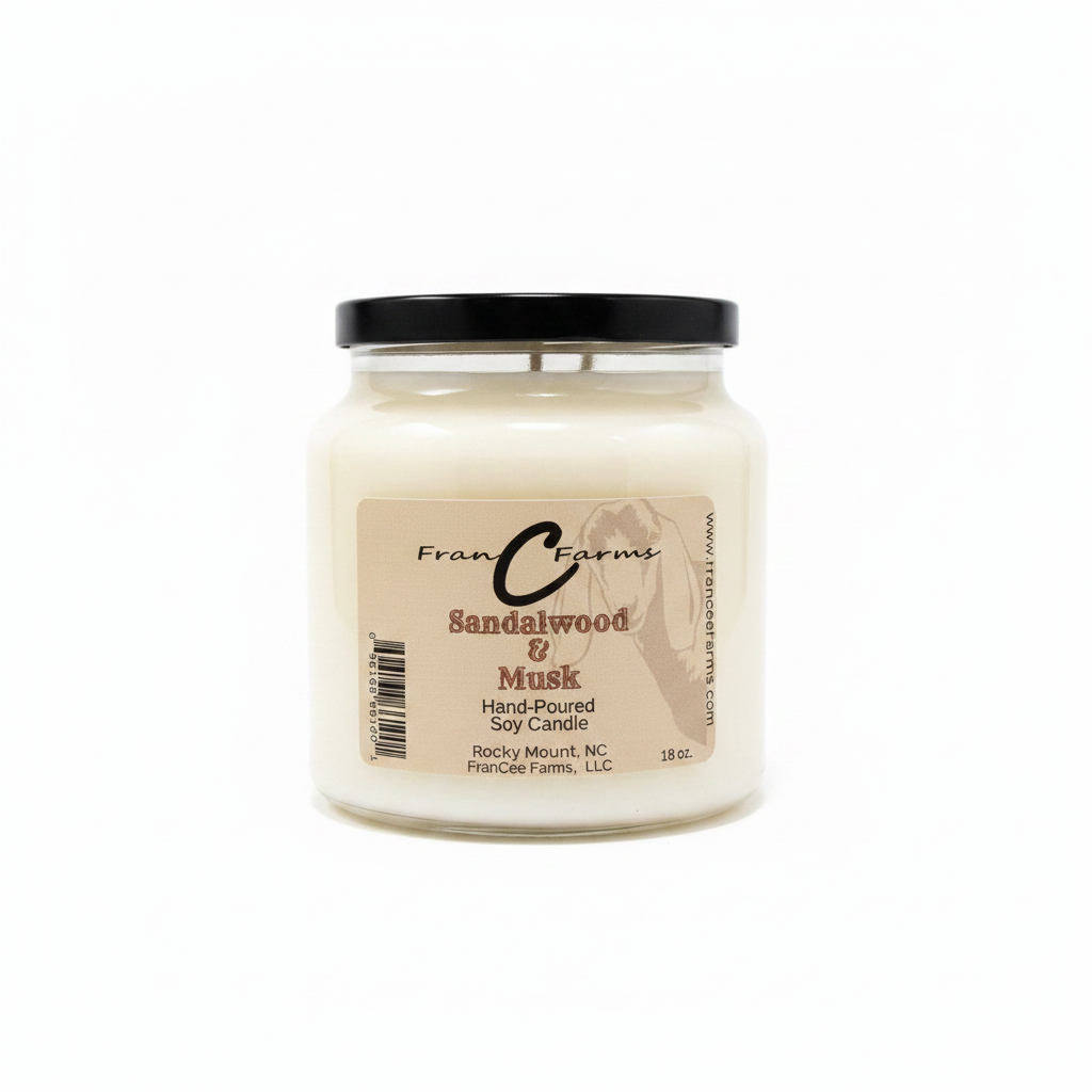 Sandalwood & Musk Soy Candle in 18 oz Apothecary Jar by FranC Farms, hand-poured for an earthy aroma.