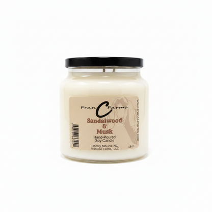 Sandalwood & Musk Soy Candle in 18 oz Apothecary Jar by FranC Farms, hand-poured for an earthy aroma.