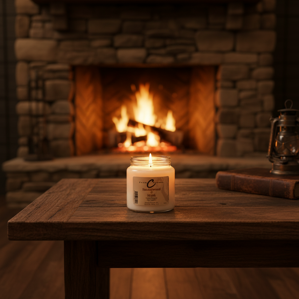 Sandalwood & Musk Soy Candle in an apothecary jar lit on a wooden table by a cozy stone fireplace.