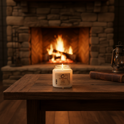 Sandalwood & Musk Soy Candle in an apothecary jar lit on a wooden table by a cozy stone fireplace.