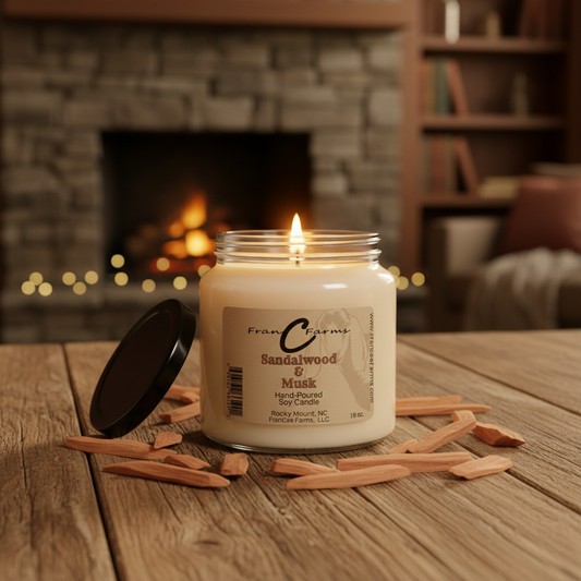 Sandalwood & Musk Soy Candle in an apothecary jar, glowing warmly on a rustic wooden table.
