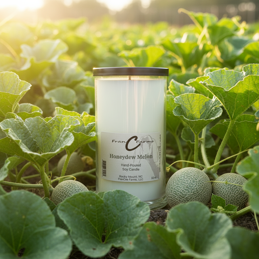 Honeydew Melon Soy Candle - 22 oz. surrounded by honeydew melon plants, showcasing its natural beauty.